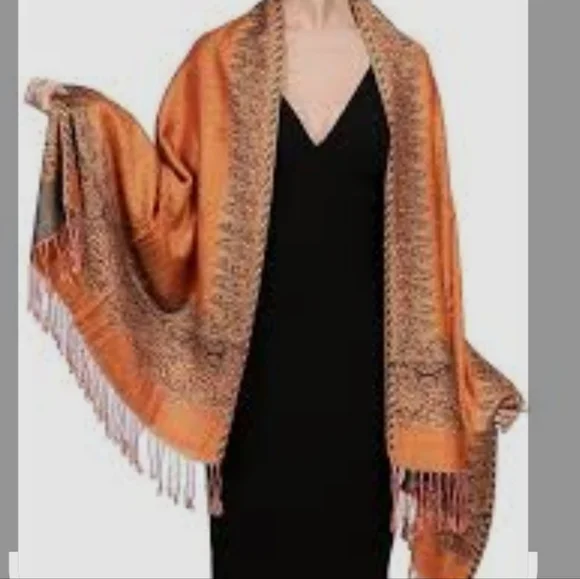 🧡✨ Burnt Orange Paisley Pashmina Shawl Wrap Fringe Scarf Reversible 27x77 - Picture 3 of 16